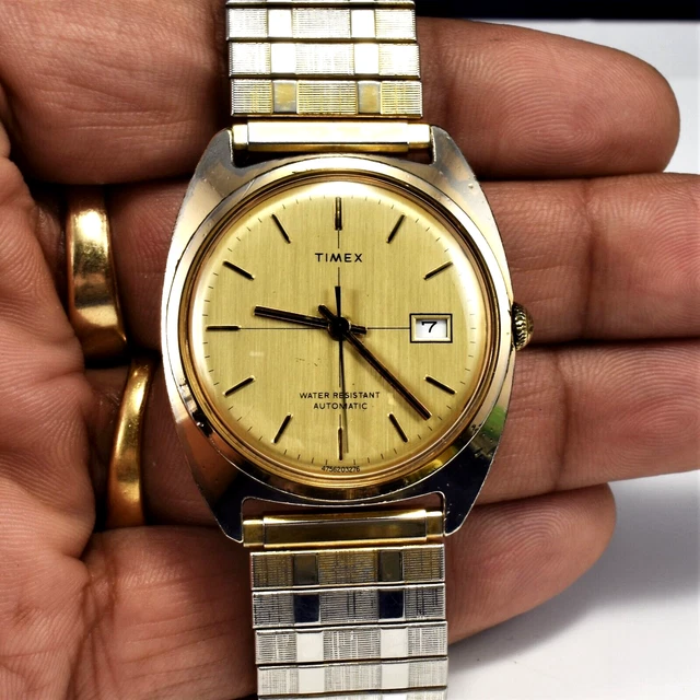 VINTAGE 1976 TIMEX Viscount Automatic Men Gold Tone Calendar Watch