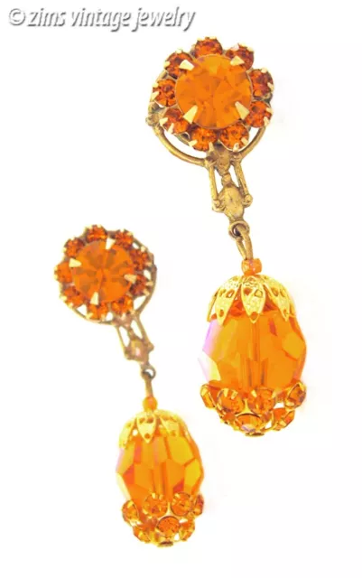 Vintage 1960’s Orange rhinestone Flower CRYSTAL Gold tone dangle EARRINGS post