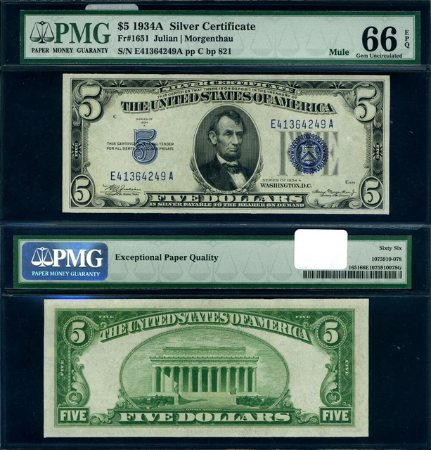FR. 1651 $5 1934-A Silver Certificate Mule E-A Block Gem PMG CU66 EPQ
