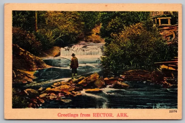 Greetings Rector Arkansas River Waterfall Forest Fishing Vintage UNP Postcard