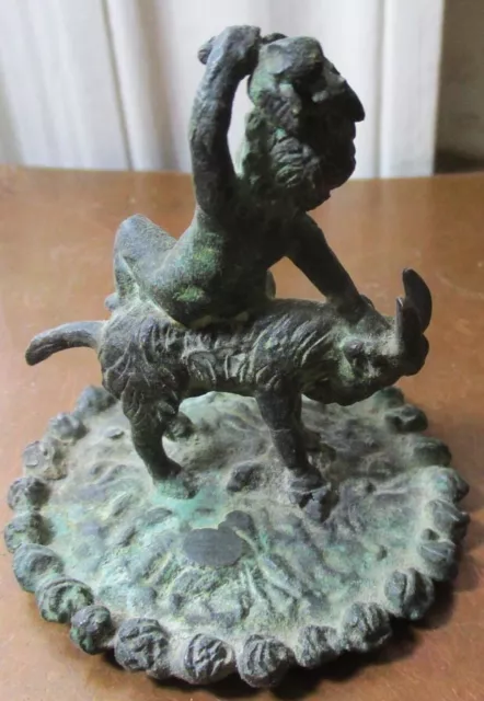 Antique Bronze Statue Sculpture Paperweight Cherub Riding Goat Holding Pheasant 2