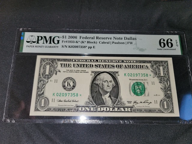 2006 $1 Federal Reserve Star Note Dallas Fr.1933-K* Pmg Gem Unc 66 Epq