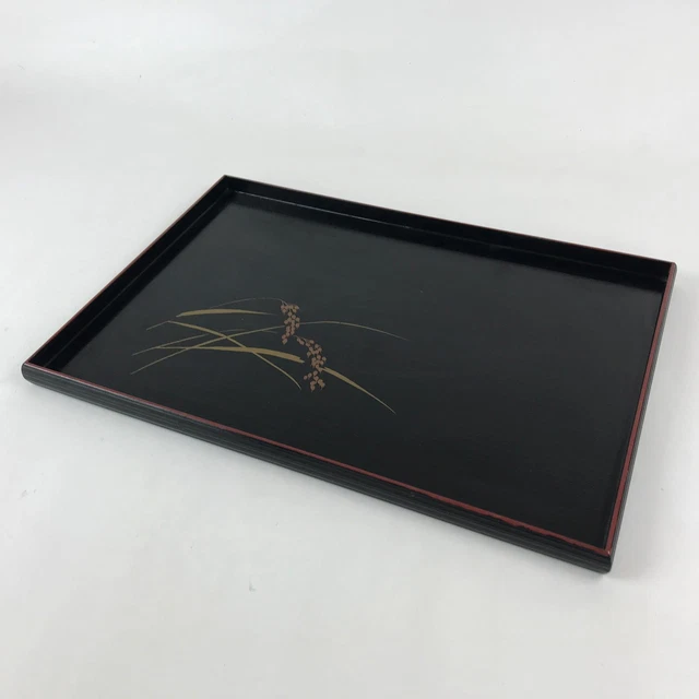 Japanese Lacquered Wooden Serving Tray Vtg Large Obon Makie Plants Red Black UR9