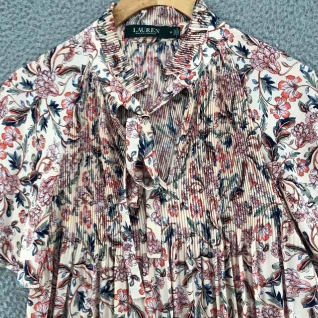 Lauren Ralph Lauren Top Medium Multicolor Floral Knife Pleated Tied Keyhole Neck 2