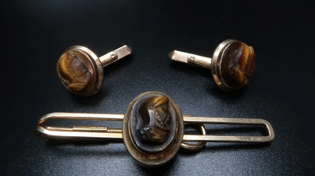 Antique 12k GF Tiger s Eye Roman Soldier Cameo Cufflinks And Tie Clip