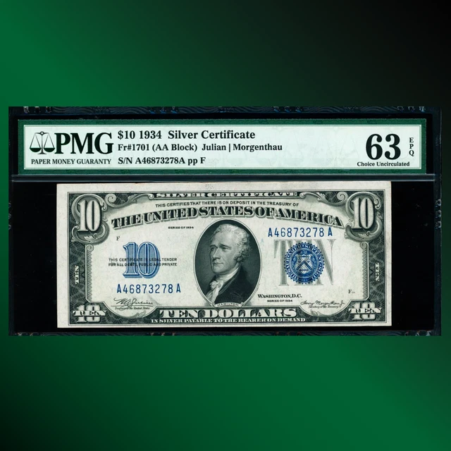 Fr.1701 1934 $10 Ten Dollar Silver Certificate AA Block, PMG 63 EPQ, 73728
