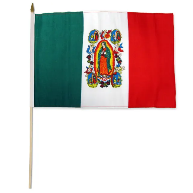 1 Dozen Our Lady Guadalupe Stick Flags 12x18in Handheld Religious Flag