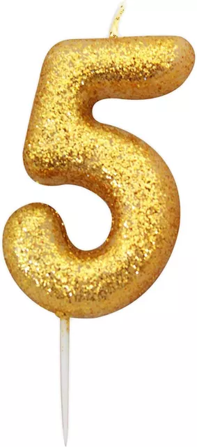 Age 5 Birthday Glitter Numeral Pick Candle Gold with Holders