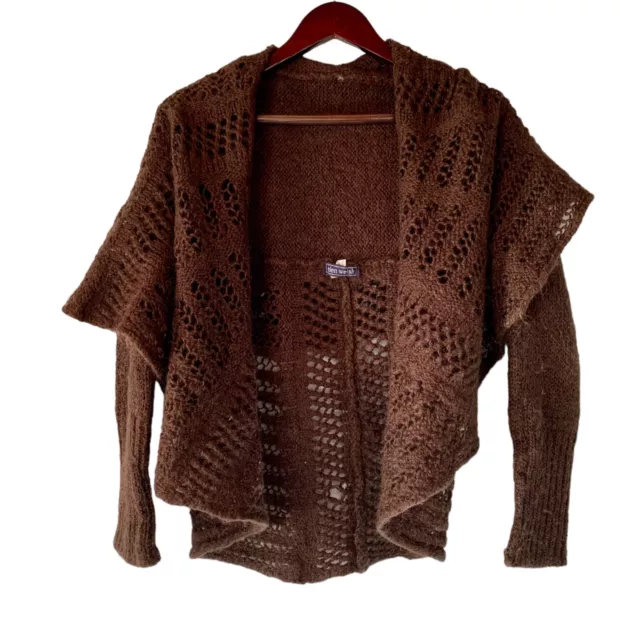 Helen Welsh Mohair Wool Blend Lacy Knit Sweater Medium Open Front Brown Cottage