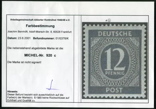 12 Pfg. Kontrollrat Ziffer 1946** seltene Farbe Michel 920 c Befund (S9974) 2