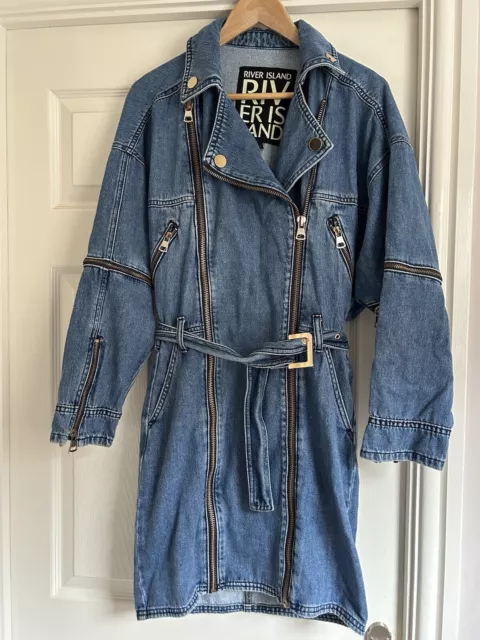 River Island Denim Mini Dress Biker Style Zip Details Size 8 Long Sleeve Zip Up