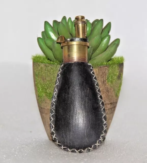 Vintage Victorian Look Unique Shape Brass & Leather Covered Gun Powder Bottle