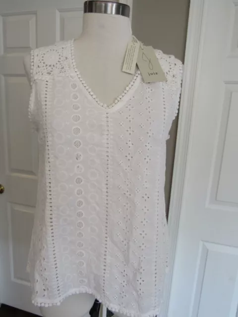 NWT Joie Women's White Sleeveless Eyelet Top with Pom-pom Trim No lining Size M