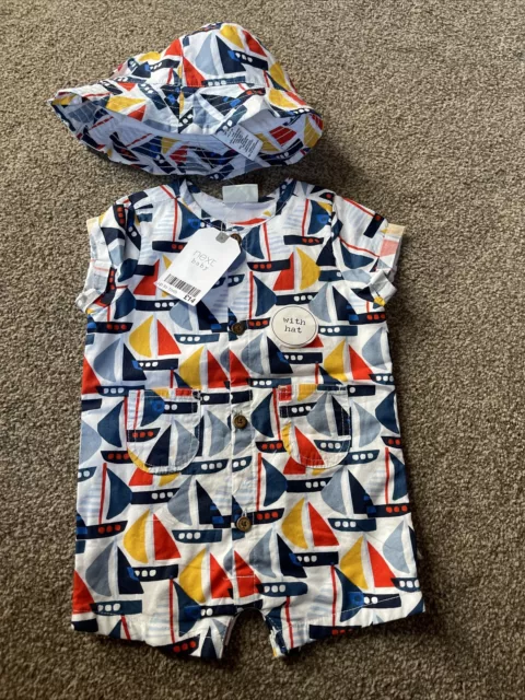 Next Baby Boys Shortie Summer Romper 0-3 Months Sailboat Print With Hat