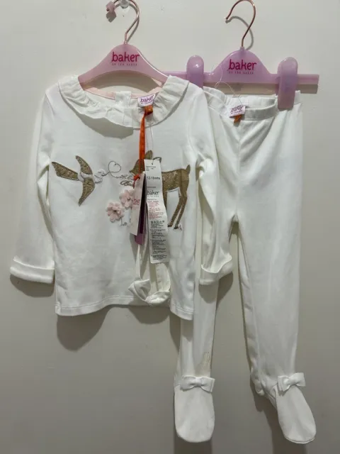 Baby Girls Designer Ted Baker Off White Glitter Deer  Top Bottoms Outfit 12-18m