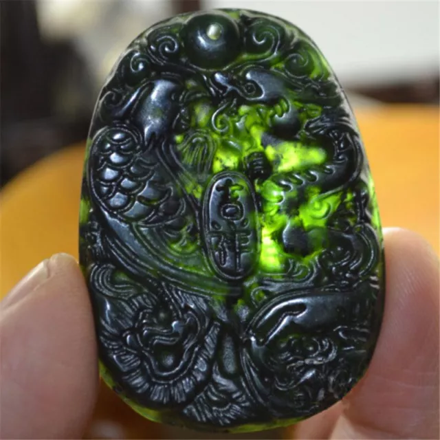 Natural Black Green Jade Chinese Carved Dragon Phoenix Necklace Pendant Jewelry