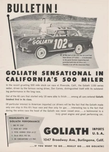 Vintage 1950's Automobile Race Car - Goliath 1100 Series Sedan - 1958 Print AD