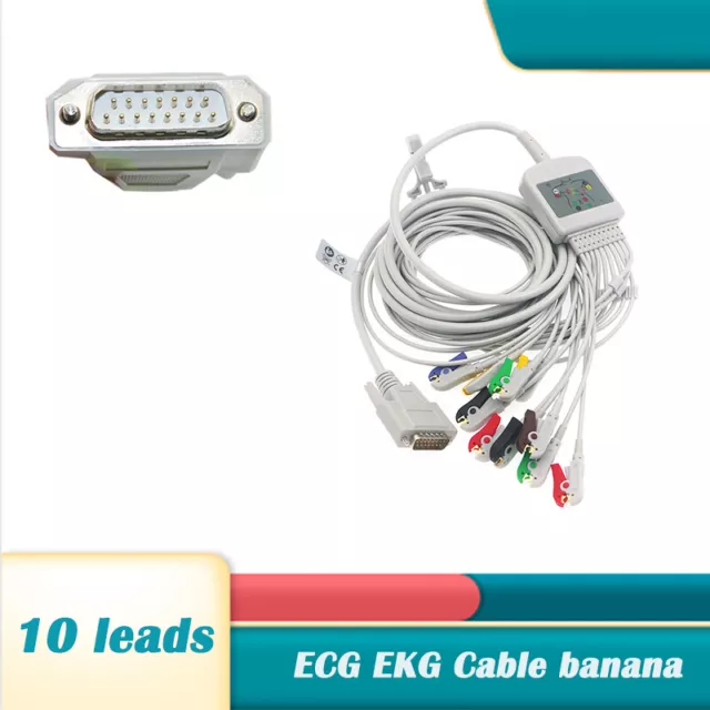 10-Lead ECG Lead Wire EKG Cable Banana/Clip Fit for Nihon Kohden1350A 2.5m 15Pin