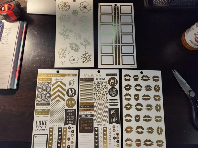 Black and Gold Planner Sticker Lots Beauty Flowers Lip 5 Sheets Work School