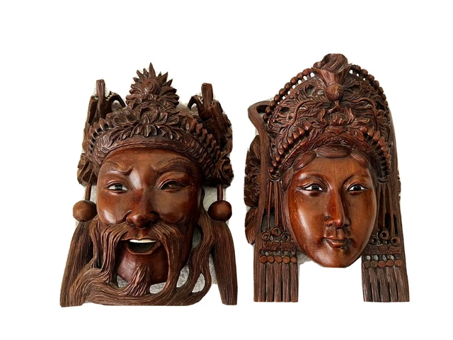 10.5" Antique Chinese Rosewood Carved Mask of Emperor and Empress