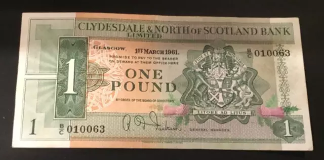 Banknote Of Scotland One Pound Clydesdale Bank Ltd. Dated 1961. Excellent Cond.