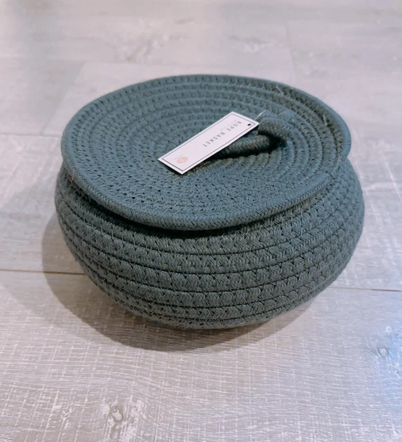 Simple Dark Gray Cotton Rope Woven Storage Basket with Lid Pot Shape