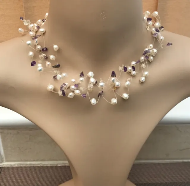 Floating Illusion Pearl Necklace White Freshwater Pearls/crystals Sterlin Silver