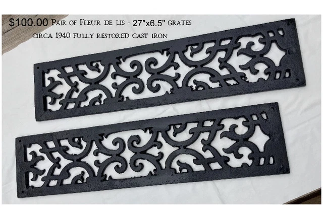 FLEUR DE LIS Antique Vintage Cast Iron FLOOR GRATE, DOOR OR WALL DECOR 27 X 6.5