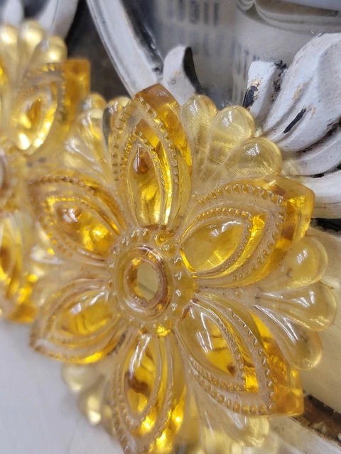 2 Antique Victorian Pressed Glass Curtain Tie Backs In Amber Medallion Flowers 3