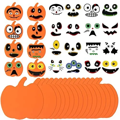 Pack of 16 Halloween Foam Pumpkin and Self-Adhesive Funny Face Sticker Craft