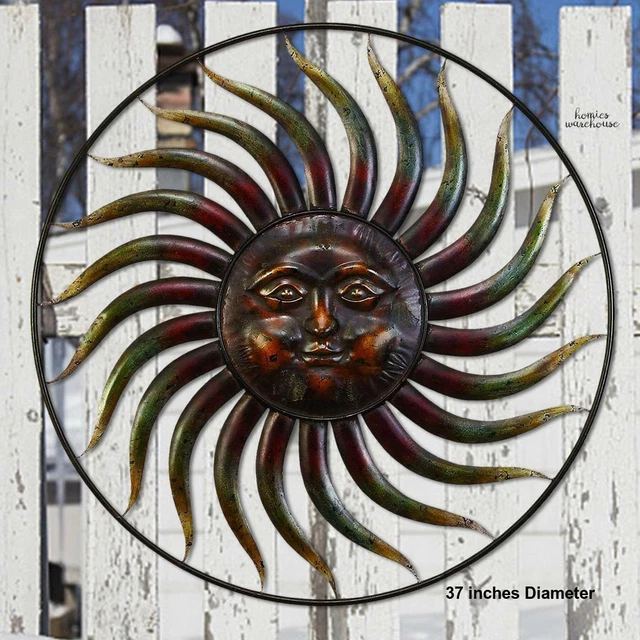 EXTRA LARGE METAL Sun Wall Art Rustic Face Flamed Rays Outdoor Indoor