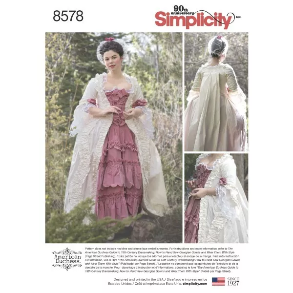 Vestido barroco Simplicity patrón de costura 8578 Misses siglo XVIII Disfraz