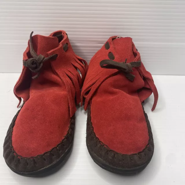 Boys Moccasins Size 9-10 Red Brown Suede Fringed Toddler Boots Handmade Girls