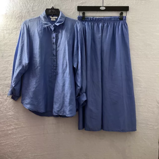 Vtg Carol Miller Silk Button Up Blouse Skirt Set Womans Medium Solid Blue