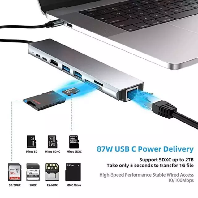 USB3.0 USB PD SD/TF RJ45 4K 8-en-1 87W HUB Adaptateur Multiport Type-C Vers HDM