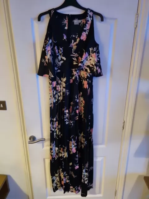 Asos Black Floral Maxi Chiffon Cold Shoulder Short Sleeve Dress Size 12