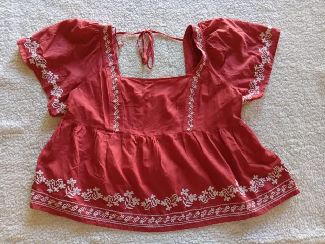 NWT Old Navy Womens Plus Sz XXL Red Floral Embroidered Peasant Top Short Sleeve