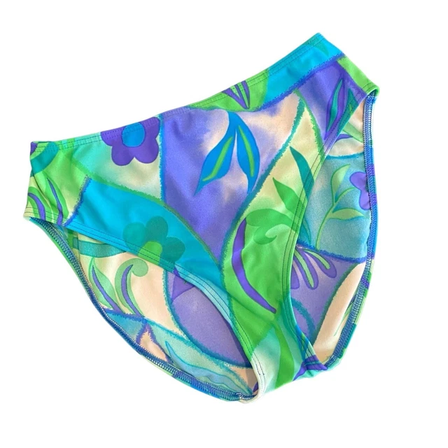 Vintage 90s High-Rise High-Cut Blue & Green Floral Bikini Bottoms, Size 10