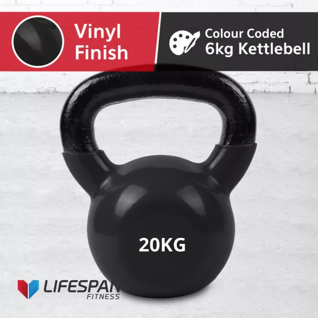 NEW Lifespan 20kg Kettle Bell Vinyl Coated Solid Cast Iron Kettlebells Dumbbells