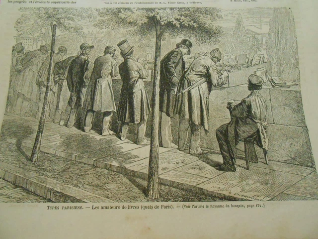 Engraving 1863 - Types Parisiens les lovers de books quais de Paris
