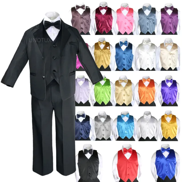 Baby Kid Teen Boys Formal Party 7pc Black Suits Tuxedo Color Satin Vest Tie S-20
