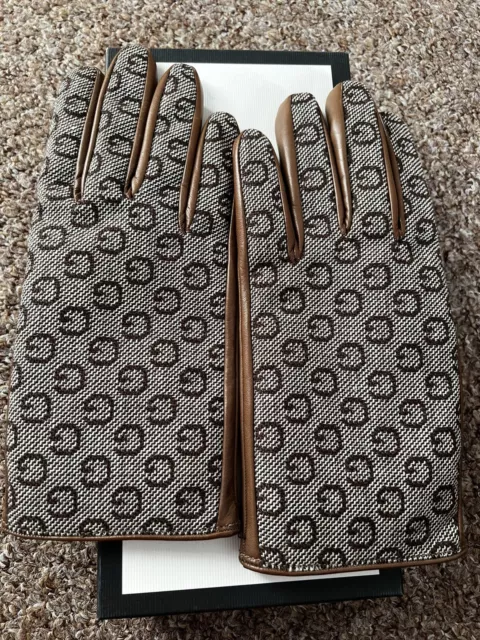 Gucci Womens Brown Wool-Leather Gg Gloves Size 8