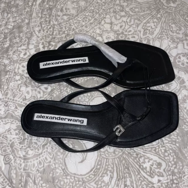 Alexander Wang Ivy Sandals Rhinestone Logo Thongs Black Leather Flats Shoes 39