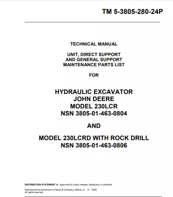 John Deere 230LCR 230LCRD W/ Rock Drill Excavator Maintenance Parts List PDF/USB