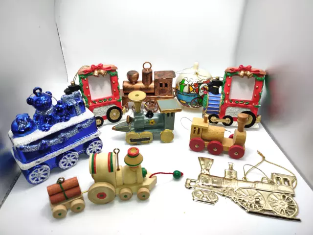 Lot of 9 Mostly Vintage Train Christmas Ornaments Brass Wood Mixed Materials