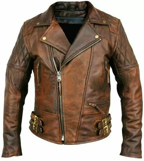 Men's Biker Classic Diamond Motorcycle Brown Distressed Vintage Leather Jacket