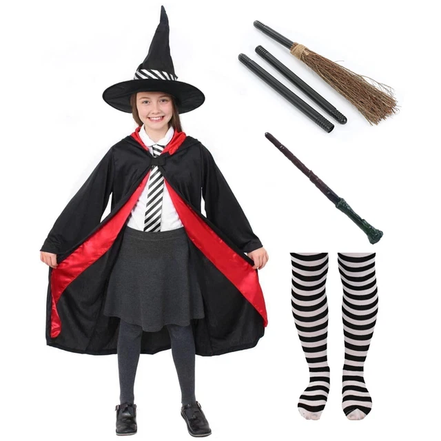Witch Costume Set for Girls, Halloween Fancy-Dress with Broom Hat for Toddler Kids Halloween Party Dress up 3-14 Years main image 0