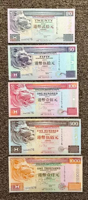 1997 Hong Kong & Shanghai Bank 20 50 100 500 1000 Dollars Banknotes Set Of 5 Unc