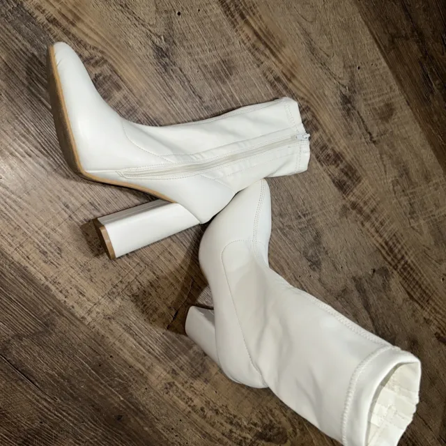 Nasty Gal Sock Boots Size 6/4/37 White Patent Leather Side Zip Block Heels