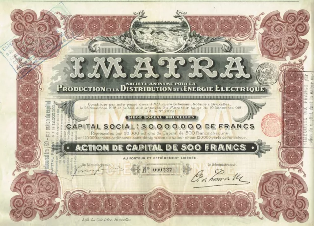 BELGIUM HYDRO ELECTRIC COMPANY IMATRA stock certificate/bond